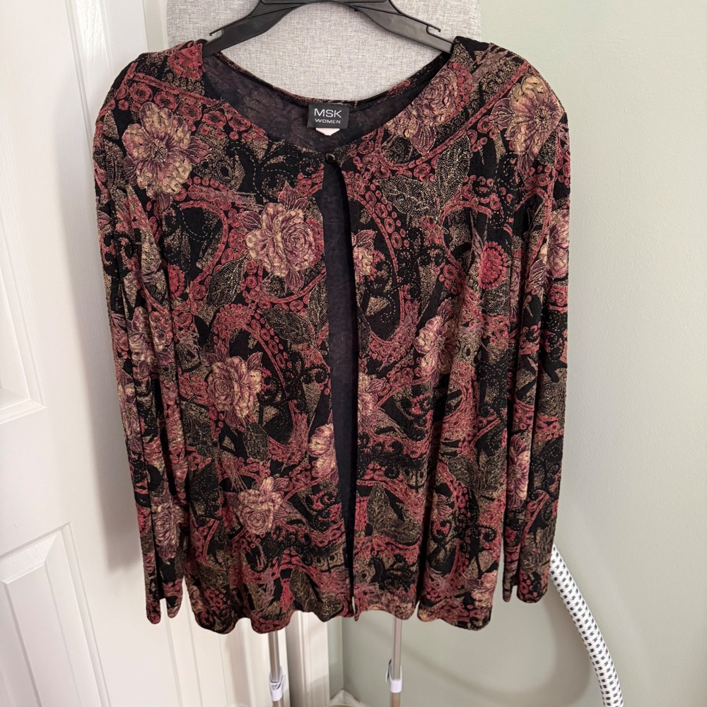 MSK Women 3X Floral Burnout Velvet Cardigan Jacket Boho Quiet Luxury Burgundy